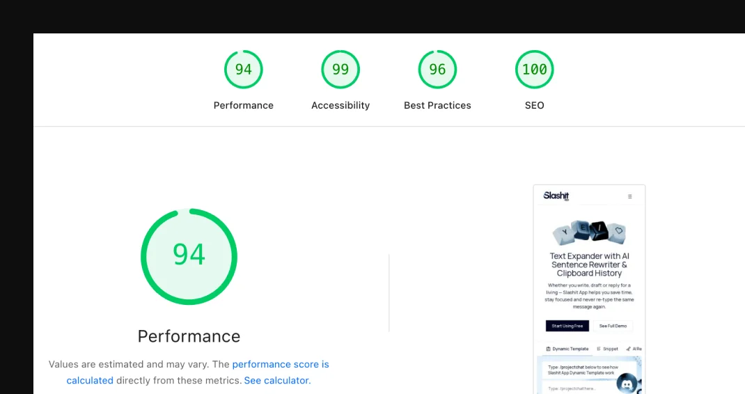 PageSpeed Insights showing high Performance, Accessibility, Best Practices, and SEO scores